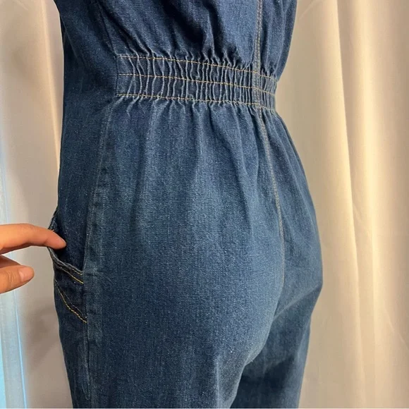1970s Denim Jumpsuit Collared With Pockets Wide Leg Stretch Waist No Size C Pics - Picture 4 of 16
